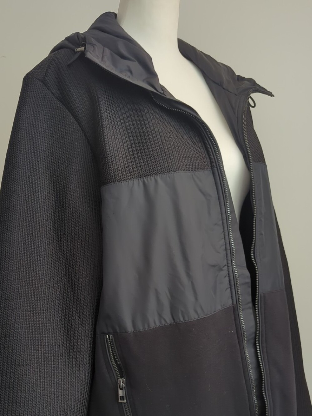 NWT Michael Kors Men's Mix-Media Ribbed Knit Full-Zip Hoodie Jacket Black LARGE - Picture 4 of 11